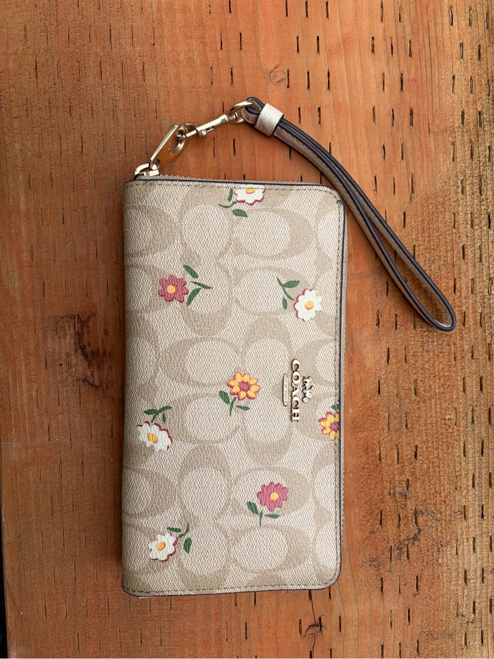Coach Beige Floral Signature Zipppy Wristlet with Leather Strap
